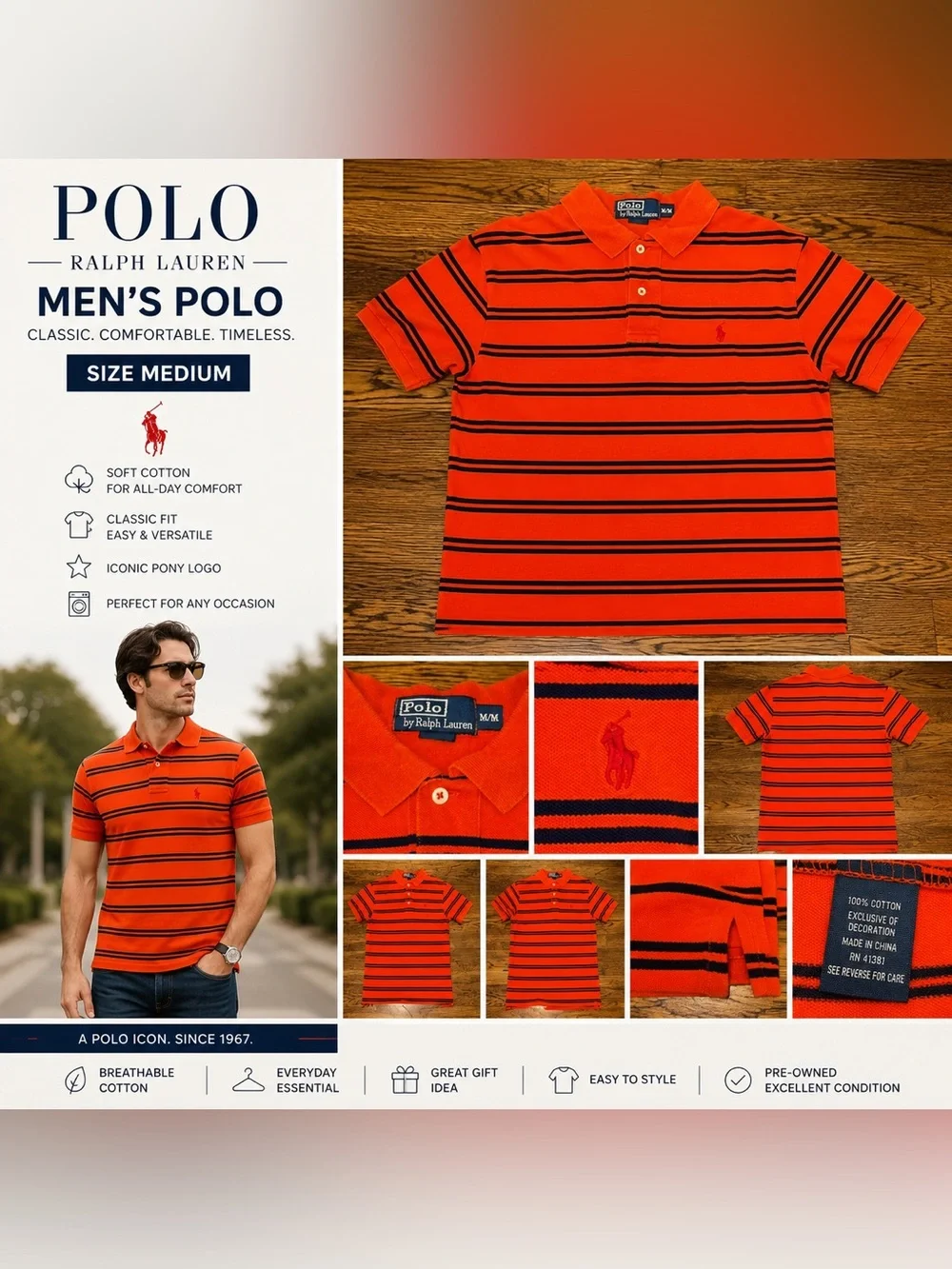Polo Ralph Lauren Orange & Navy Striped Polo Shirt Men’s Medium Classic Fit